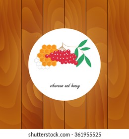 Medicinal herbs and plants on wood background. Honey and viburnum.