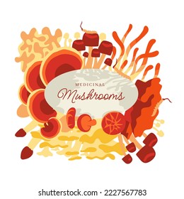 Medicinal mushroom illustrations wreath. Asian Alternative Medicine Plants