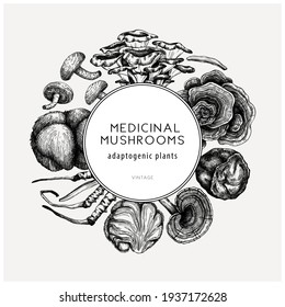 Medicinal mushroom illustrations wreath  Hand  sketched adaptogenic plants frame template  Perfect for recipe  menu  label  packaging design  Hand  sketched mushroom outlines  Botanical drawing 