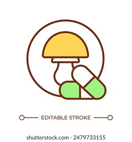 Medicinal mushroom RGB color icon. Mushroom and pills. Alternative medicine. Natural remedy. Fungi supplement. Isolated vector illustration. Simple filled line drawing. Editable stroke