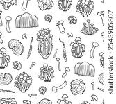 Medicinal mushrooms. Black and white fungus seamless pattern. Hand drawn Illustration of Shimeji, erinji, shitaki, cordyceps, turkey tail and lions mane. 