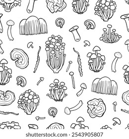 Medicinal mushrooms. Black and white fungus seamless pattern. Hand drawn Illustration of Shimeji, erinji, shitaki, cordyceps, turkey tail and lions mane. 