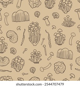 Medicinal mushrooms. Fungus seamless pattern on beige background. Illustration of Shimeji, erinji, shitaki, cordyceps, turkey tail and lions mane. 