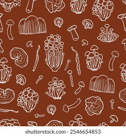 Medicinal mushrooms. Fungus seamless pattern on brown background. Hand drawn Illustration of Shimeji, erinji, shitaki, cordyceps, turkey tail and lions mane. 