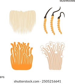 Medicinal mushrooms logo. Cordyceps militaris mushrooms, Lion's mane mushroom, Japanese Enoki