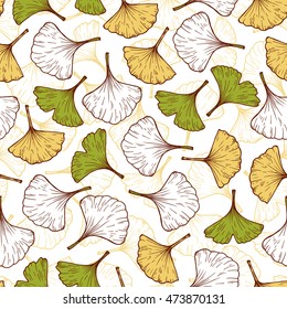 Medicinal plant Ginkgo Biloba. Hand drawn Leaf Seamless pattern. Leaves endless background. Vector illustration