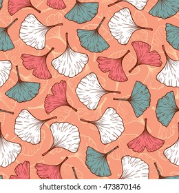 Medicinal plant Ginkgo Biloba. Hand drawn Leaf Seamless pattern. Leaves endless background. Vector illustration