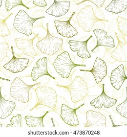 Medicinal plant Ginkgo Biloba. Hand drawn Leaf Seamless pattern. Green Leaves endless background. Vector illustration