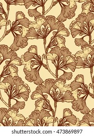Medicinal plant Ginkgo Biloba Tree Branches. Hand drawn Leaf Seamless pattern. Brown Leaves endless background. Vector illustration.