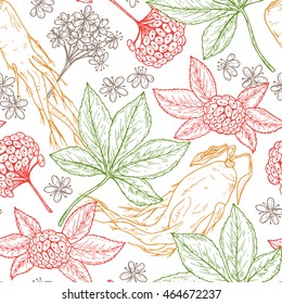Medicinal plants Seamless pattern. Floral background with Root, Leaves, Berries and Flowers Panax Ginseng. Alternative medicine. Traditional herbal therapy. Vector illustration