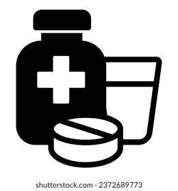 Medicinal product in bottle and tablet with glass solid icon, animal hospital concept, Medicine sign on white background, medical bottle with medicine and tablets icon in glyph. Vector