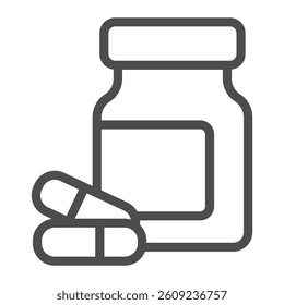 Medicinal product jar with capsules line icon, pharmacy concept. Vector graphics. Jar with capsule pair, medicine sign on white background, outline style icon for mobile or web design