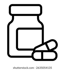 Medicinal product jar with capsules line icon, pharmacy concept. Vector graphics. Jar with capsule pair, medicine sign on white background, style mobile or design