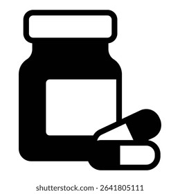 Medicinal product jar with capsules solid icon, pharmacy concept. Vector graphics. Jar with capsule pair, medicine sign on white background, style mobile or design