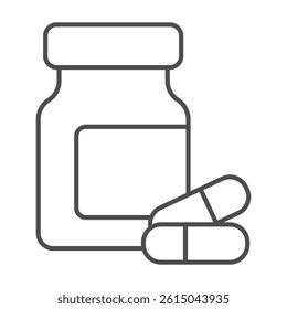 Medicinal product jar with capsules thin line icon, pharmacy concept. Vector graphics. Jar with capsule pair, medicine sign on white background, outline style icon for mobile or web design