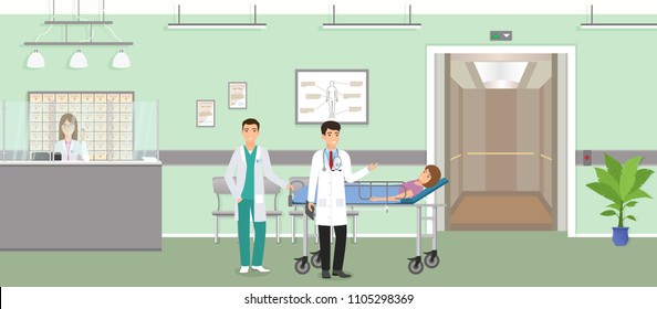 Medicinal situation with patient on medical cart with two doctors in hospital reception. Modern medical clinic hall with receptionist