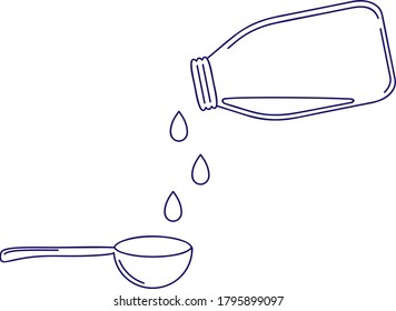 Medicinal supplies, bottle with syrup and spoon for illustrating illness, vector illustration, icon