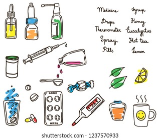 Medicinal supplies, set of bottles and medicines for illustrating illness, hand drawn vector illustration