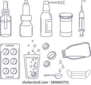 Medicinal supplies, set of bottles and medicines for illustrating illness, vector illustration, icon