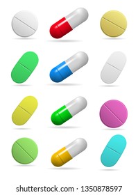 Medicinal tablets. Set of oval, round and capsules tablets of different colors. Isolated objects on white background. Vector illustration.