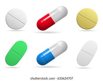 Medicinal tablets. Set of oval, round and capsules tablets of different colors. Isolated objects on white background. Vector illustration.
