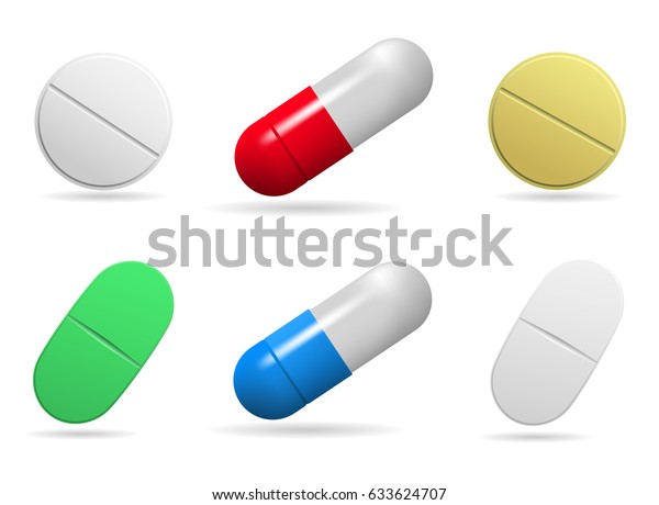 薬用錠剤 さまざまな色の楕円 丸型 カプセルタブレットのセット 白い背景に分離型オブジェクト ベクターイラスト のベクター画像素材 ロイヤリティフリー