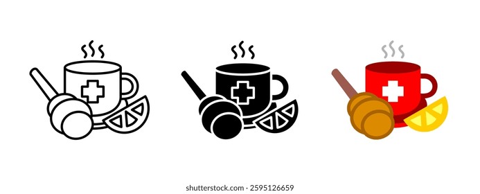 Medicinal tea icon. Herbal remedy with honey and lemon in a steaming cup. Natural hot drink for health and flu relief. Healing beverage vector pictogram for pharmacy, wellness or organic shop.