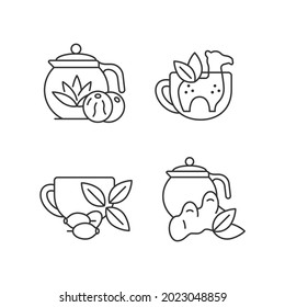 Medicinal tea linear icons set. Ginger, lemon and honey beverage. Silicone funny infuser. Customizable thin line contour symbols. Isolated vector outline illustrations. Editable stroke