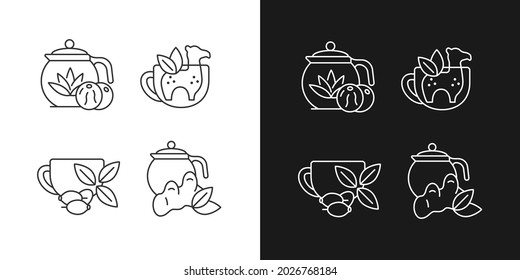 Medicinal tea linear icons set for dark and light mode. Ginger, lemon and honey beverage. Rosehip infusion. Customizable thin line symbols. Isolated vector outline illustrations. Editable stroke
