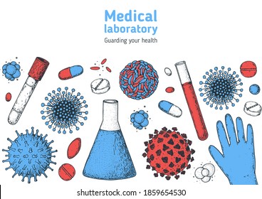 Medicinal tools, laboratory equipment, corona virus. Stop coronavirus illustration. Hand drawn design. Medical illustration. 