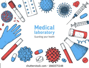 Medicinal tools, laboratory equipment, corona virus sketch. Stop coronavirus illustration. Hand drawn design. Medical illustration. 