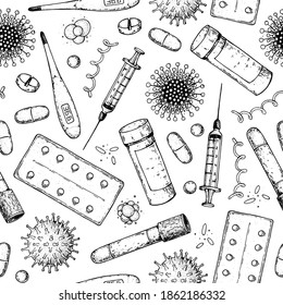 Medicinal tools, laboratory equipment, corona virus sketch. Seamless pattern. Medical illustration. Hand drawn design.