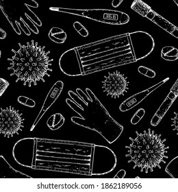Medicinal tools, laboratory equipment, corona virus sketch. Seamless pattern. Medical illustration. Hand drawn design.
