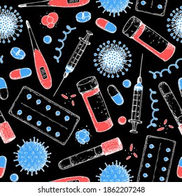 Medicinal tools, laboratory equipment, corona virus sketch. Seamless pattern. Medical illustration. Hand drawn design.