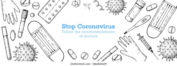 Medicinal tools, laboratory equipment, corona virus. Stop coronavirus illustration. Hand drawn design. Medical illustration. Covid-19 
