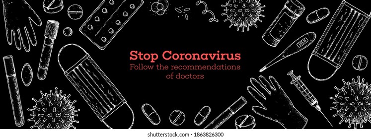 Medicinal tools, laboratory equipment, corona virus. Stop coronavirus illustration. Hand drawn design. Medical illustration. Covid-19 