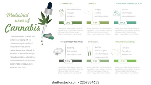 Medicinal uses of cannabis according to the type of cannabinoid, such as anti-inflammatory, sedative, pain reliever, pain relief, psychoactive etc, with their icons.