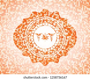 medicinal weed icon inside abstract emblem, orange mosaic background