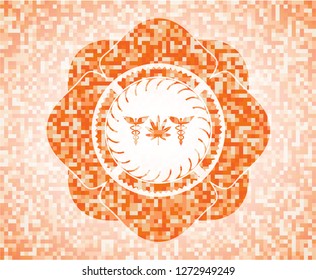 medicinal weed icon inside abstract emblem, orange mosaic background