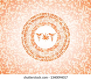 medicinal weed icon inside abstract orange mosaic emblem with background