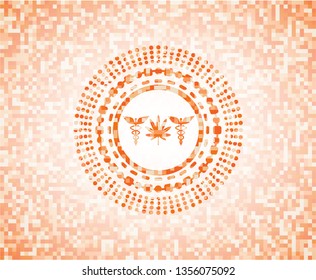 medicinal weed icon inside abstract orange mosaic emblem with background