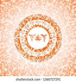 medicinal weed icon inside abstract emblem, orange mosaic background