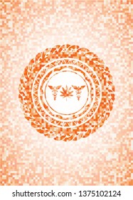 medicinal weed icon inside abstract orange mosaic emblem with background