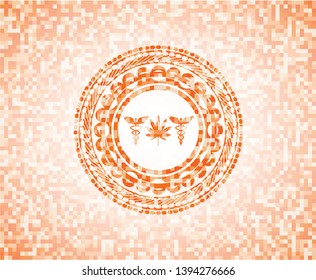 medicinal weed icon inside abstract orange mosaic emblem