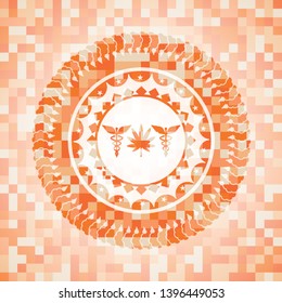 medicinal weed icon inside abstract orange mosaic emblem with background