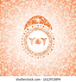 medicinal weed icon inside abstract orange mosaic emblem with background