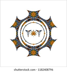  medicinal weed icon inside arabesque emblem. arabic decoration.