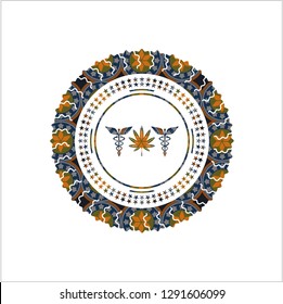 medicinal weed icon inside arabesque emblem. arabic decoration.