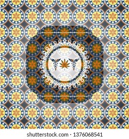 medicinal weed icon inside arabesque emblem. arabic decoration.