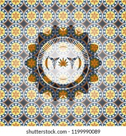 medicinal weed icon inside arabic style badge. Arabesque decoration.